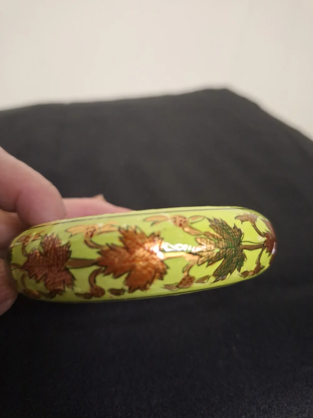 Antique Wood Lime Green & Gold Bronze Leaf Cuff 2.5